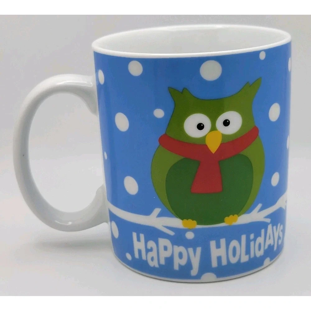 Pier 1 Happy Holidays Stoneware‎ Coffee Mug Blue Owl Christmas Whimsical Cozy